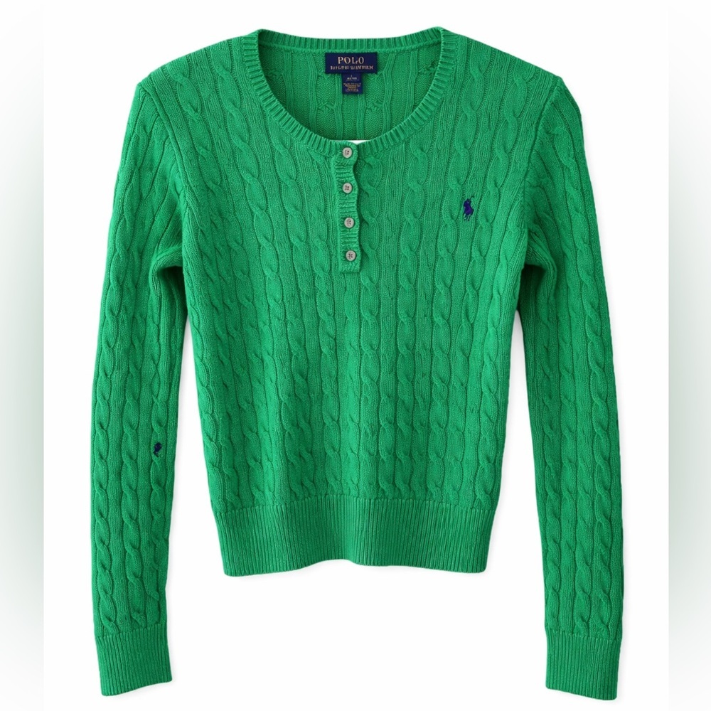 Polo Ralph Lauren Boys Green Cable Knit Sweater L 12-14 Suede Elbow Patches